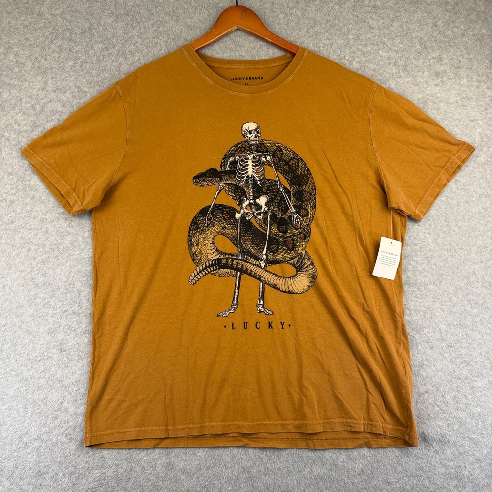 Lucky Brand Graphic Tee Mens XL Orange Skeleton Snake Cotton Short Sleeve